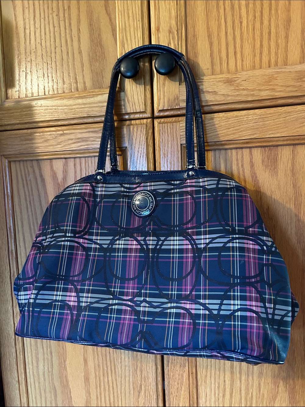 Coach Navy and Pink Plaid Signature Tote
